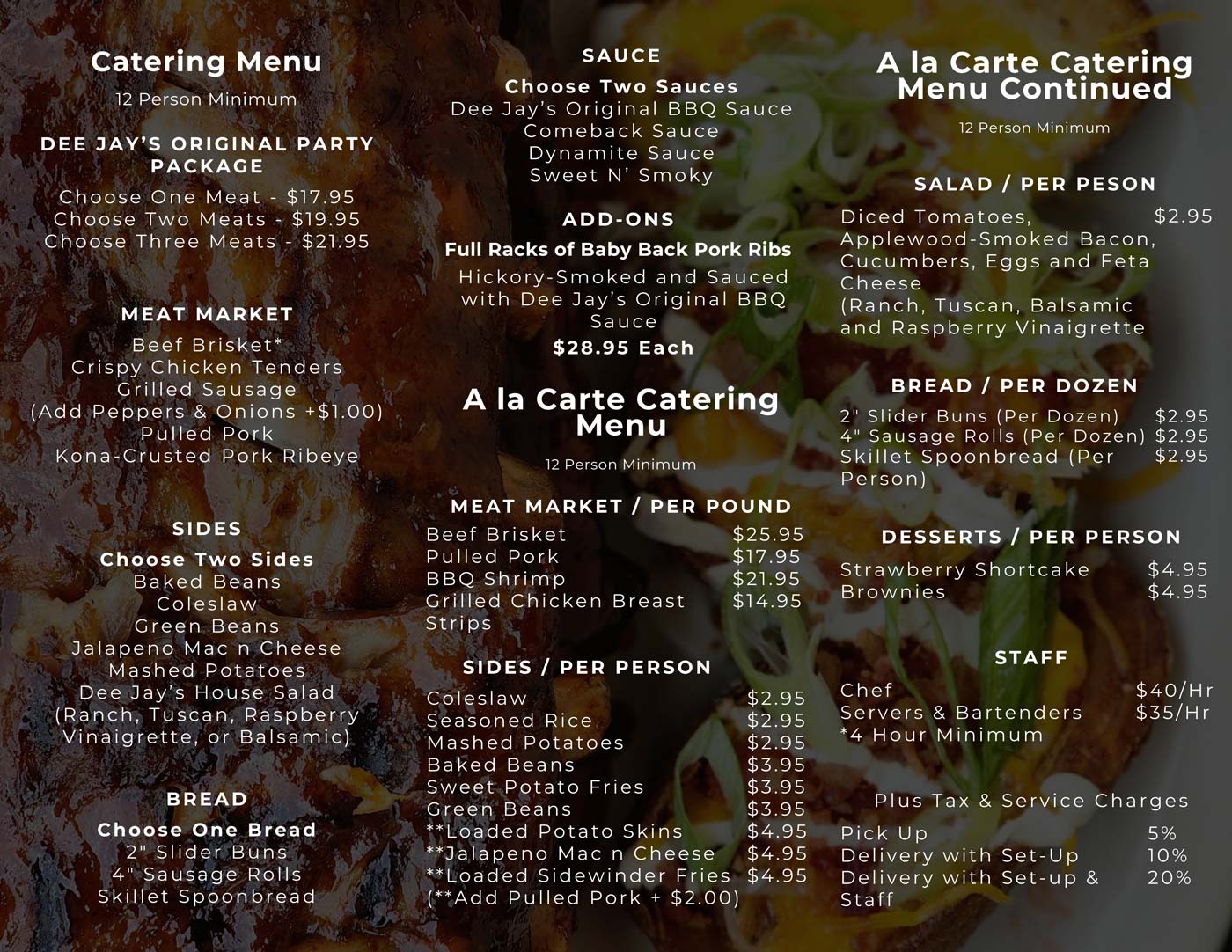 Dee Jay's Your House catering menu back page listing all of the famous BBQ catered food options.